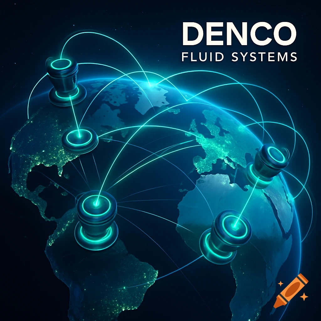 Digital render of Earth with glowing teal network lines and nodes, featuring 'DENCO FLUID SYSTEMS' text.