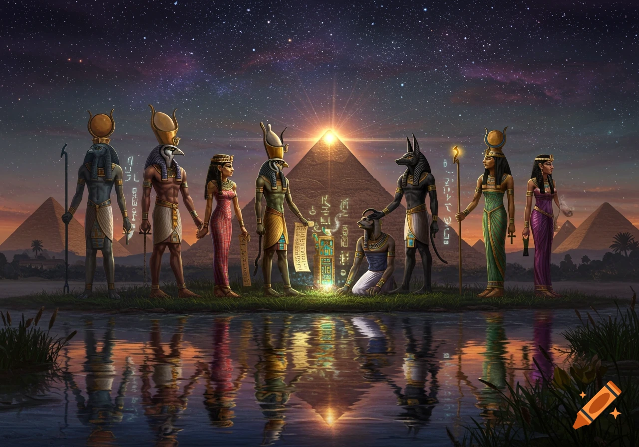 Egyptian gods and goddesses stand by a river with pyramids in the background under a starry night sky.