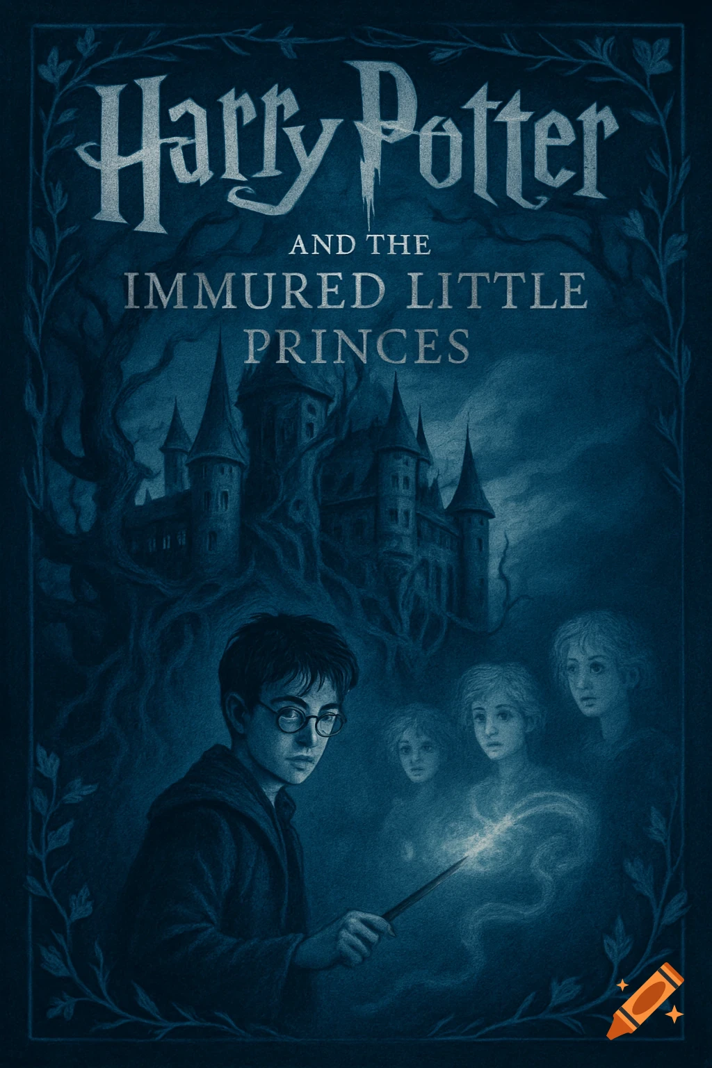 Illustrated book cover featuring Harry Potter holding a glowing wand, with ghostly figures and a dark castle in the background.