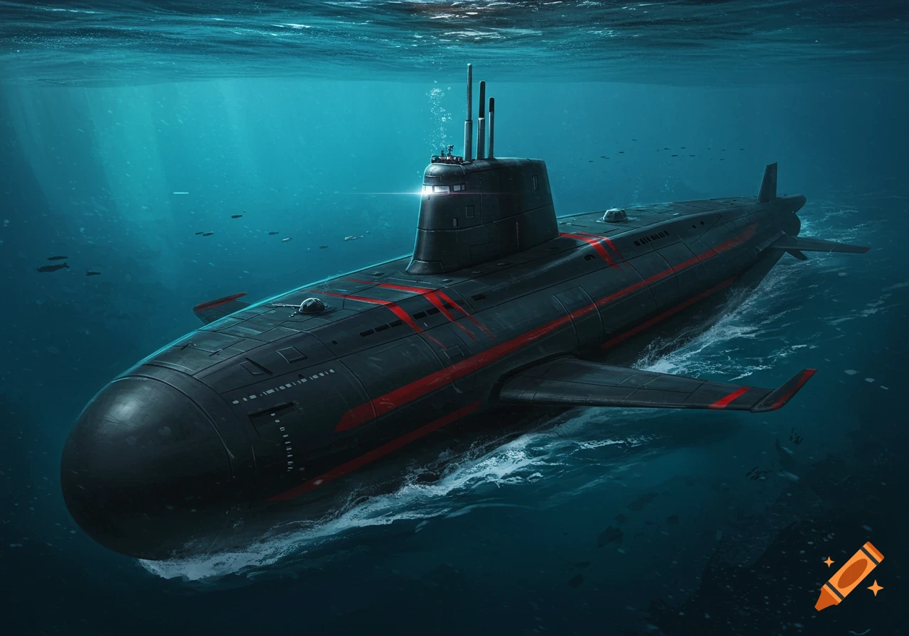 A futuristic black submarine with red stripes glides through dark blue water near the surface, light shimmering from above.