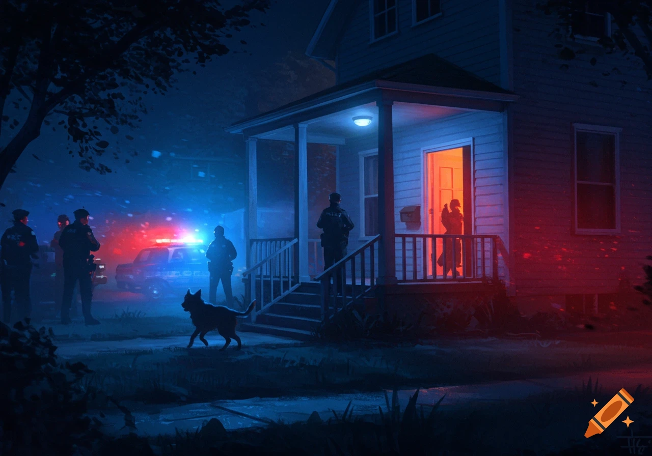Digital art of police cars with flashing lights outside a house at night, officers standing, and a dog running into the open door.