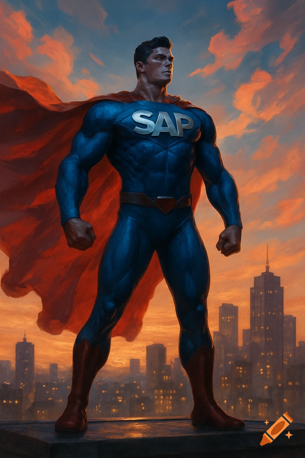 A muscular superhero in a blue suit, red cape, and 'SAP' logo on his chest stands on a city rooftop at sunset, in a painterly style.