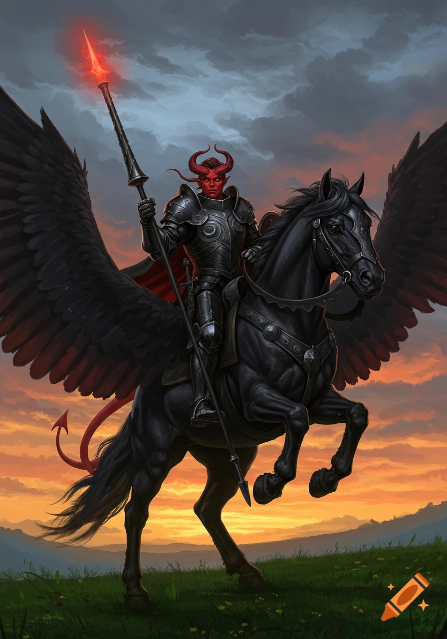 Red-skinned tiefling knight in black armor riding a black winged Pegasus against a dramatic sunset sky, fantasy art.