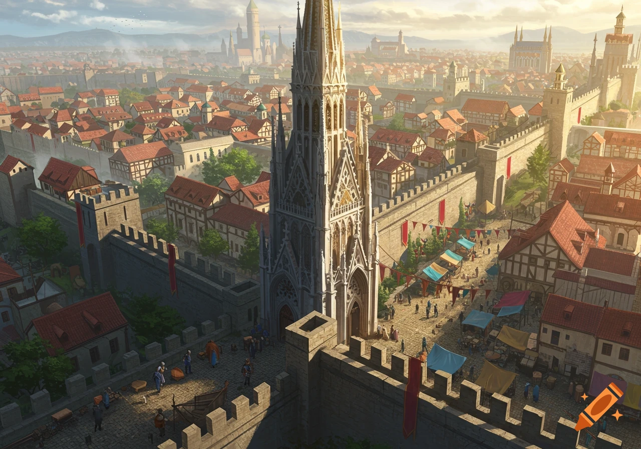 Birds-eye view of a bustling medieval fantasy city with a towering gothic spire, fortified walls, and a vibrant market.