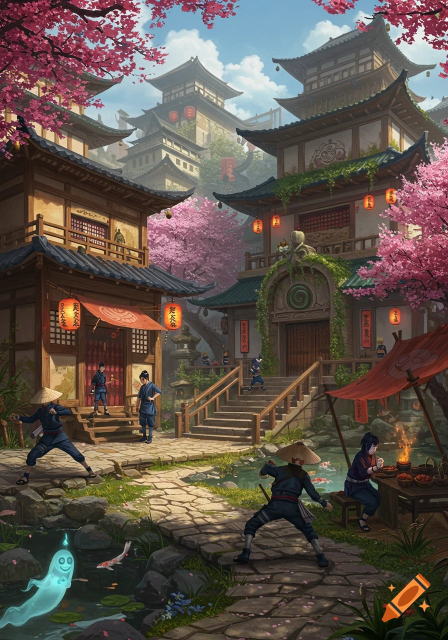 An illustration of a vibrant ninja village with traditional Japanese buildings, cherry blossom trees, ponds, and ninjas.