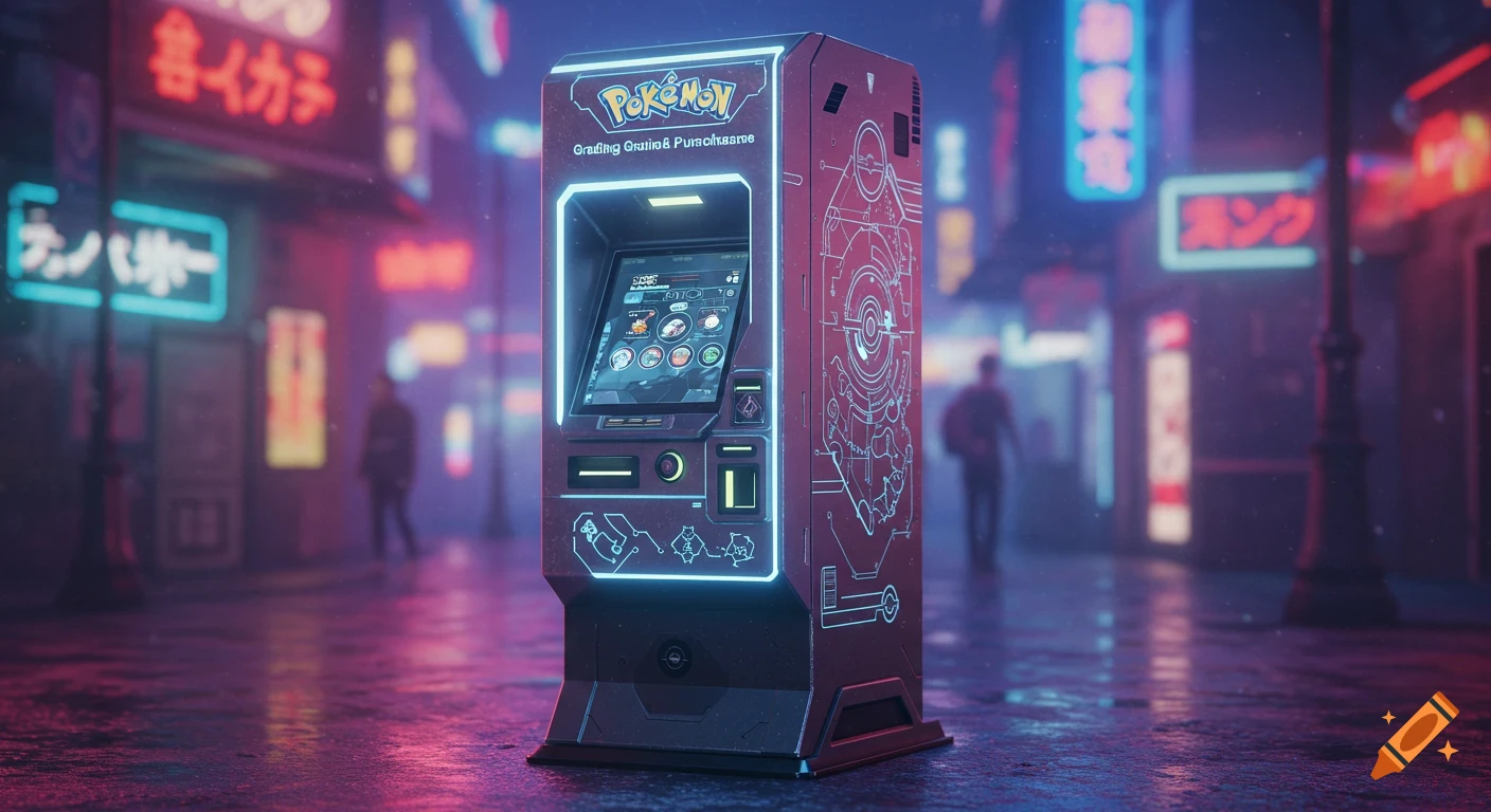A futuristic Pokemon grading machine stands on a wet, neon-lit street in a cyberpunk city at night, with blurred figures in the background.
