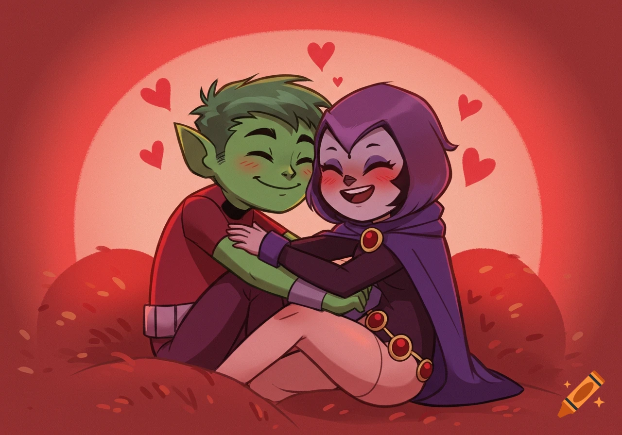 Cartoon Beast Boy and Raven hug, smiling with blush, surrounded by red hearts on a red background.