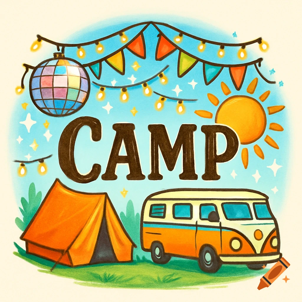 Colorful illustration of "CAMP" text with a tent, vintage van, disco ball, sun, and string lights against a blue sky.