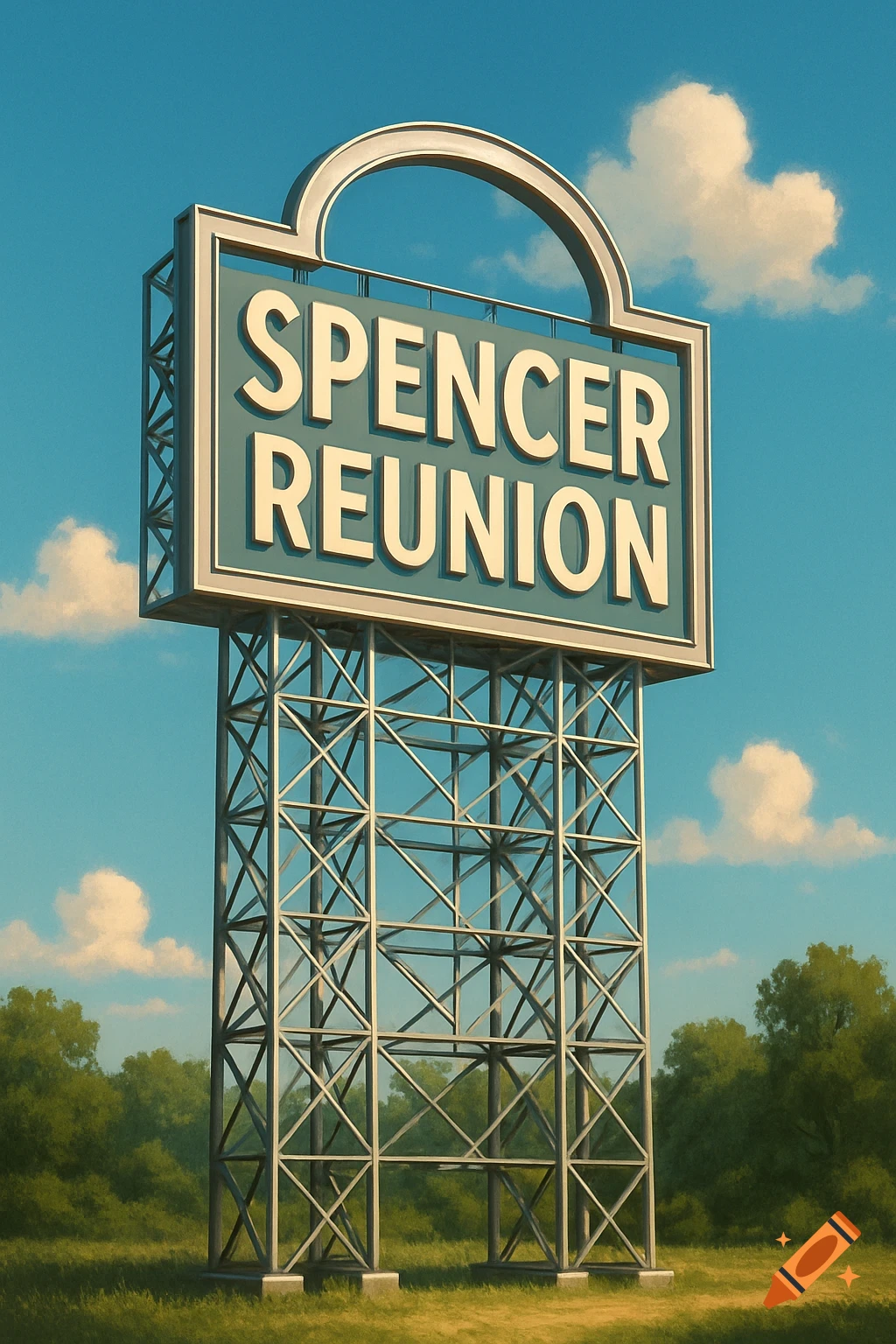 A tall, illustrated roadside sign for 'SPENCER REUNION' with cut-out letters, set against a clear blue sky with white clouds and green landscape.