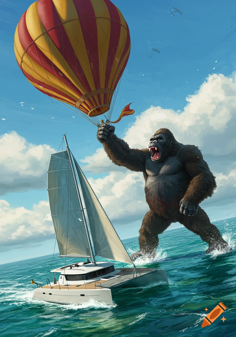 Giant King Kong roars in the ocean, holding a hot air balloon next to a white catamaran. Illustrated fantasy art.