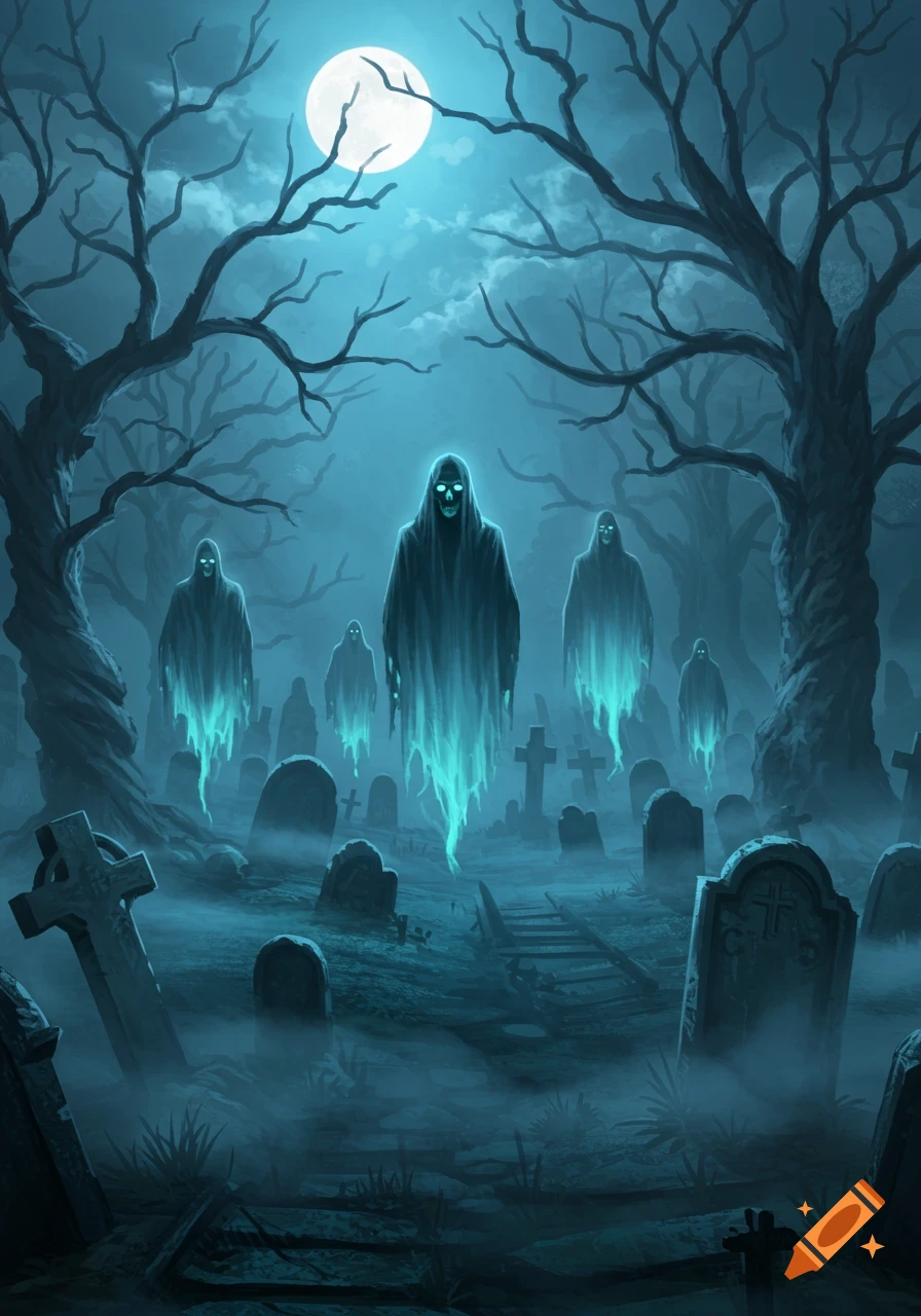 Ethereal hooded ghosts with glowing eyes float through a misty, moonlit graveyard with gravestones and gnarled trees, dark fantasy art.