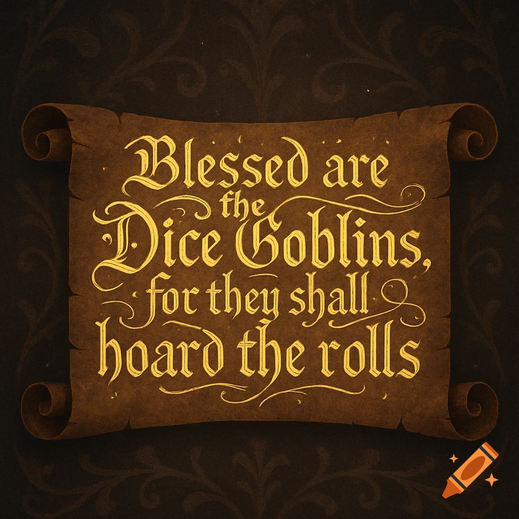 A brown scroll with golden stylized text reads: 'Blessed are the Dice Goblins, for they shall hoard the rolls.'