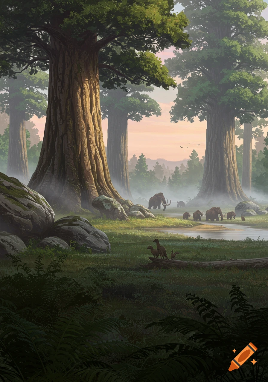 A majestic prehistoric forest with giant trees, a winding river, and a herd of mammoths walking through misty grass.