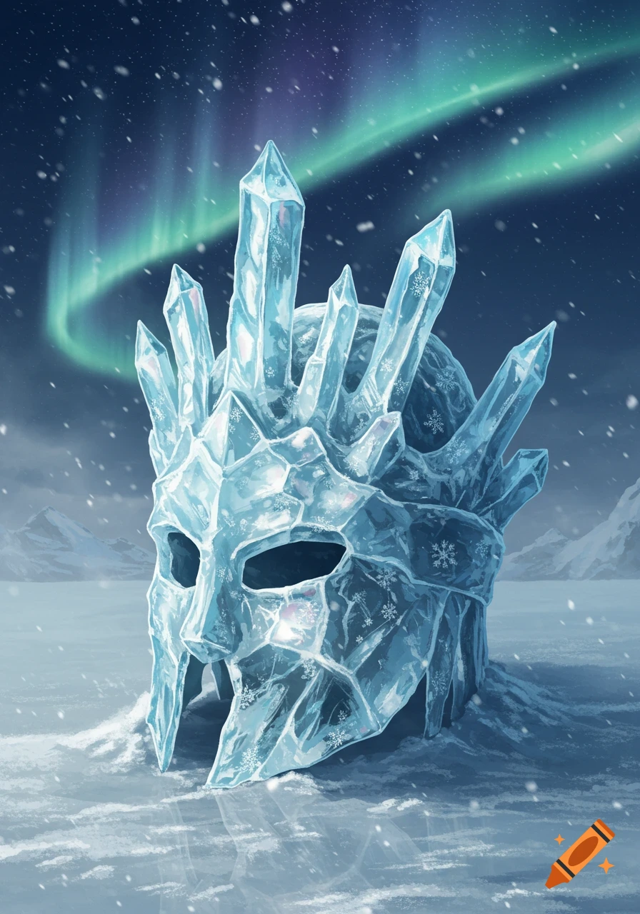 A fantasy ice helmet adorned with crystals, standing in a snowy landscape under a vibrant aurora borealis.