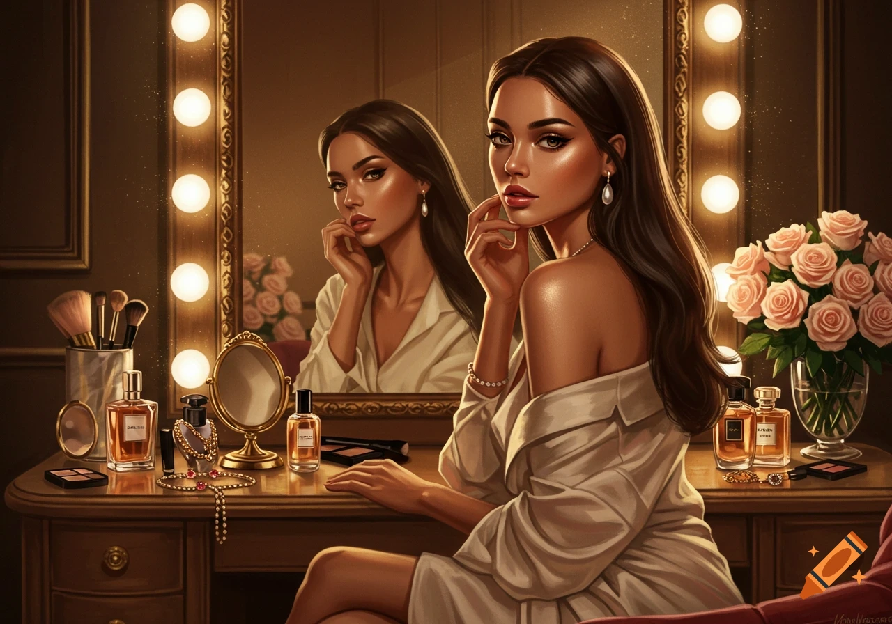 Digital painting of a woman in a white robe, sitting at a vanity with perfumes and makeup, looking into a mirror.