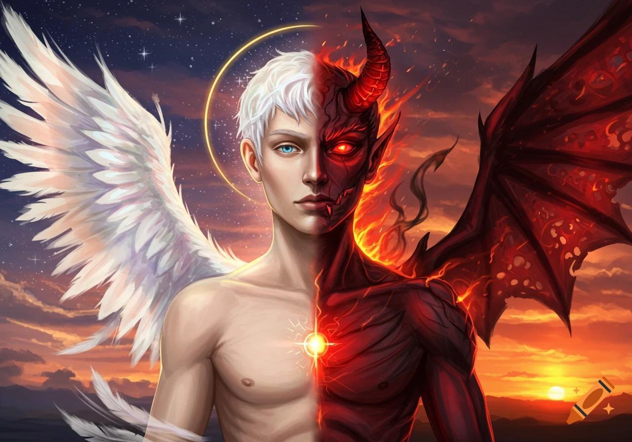 Fantasy portrait of a figure split between an angel with white wings and a demon with red horns and fiery wings.