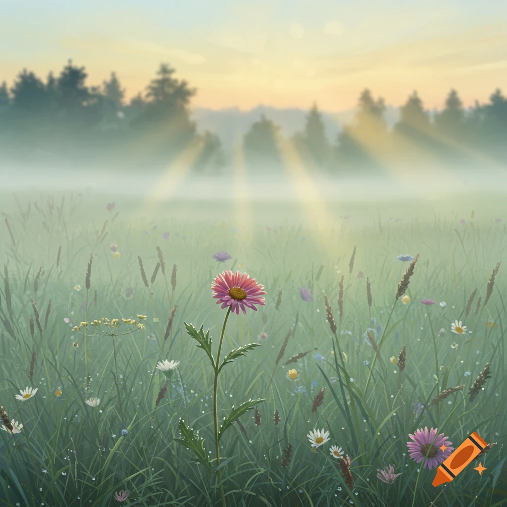 A serene, misty meadow at sunrise with a pink daisy in the foreground, and blurred trees in the background.