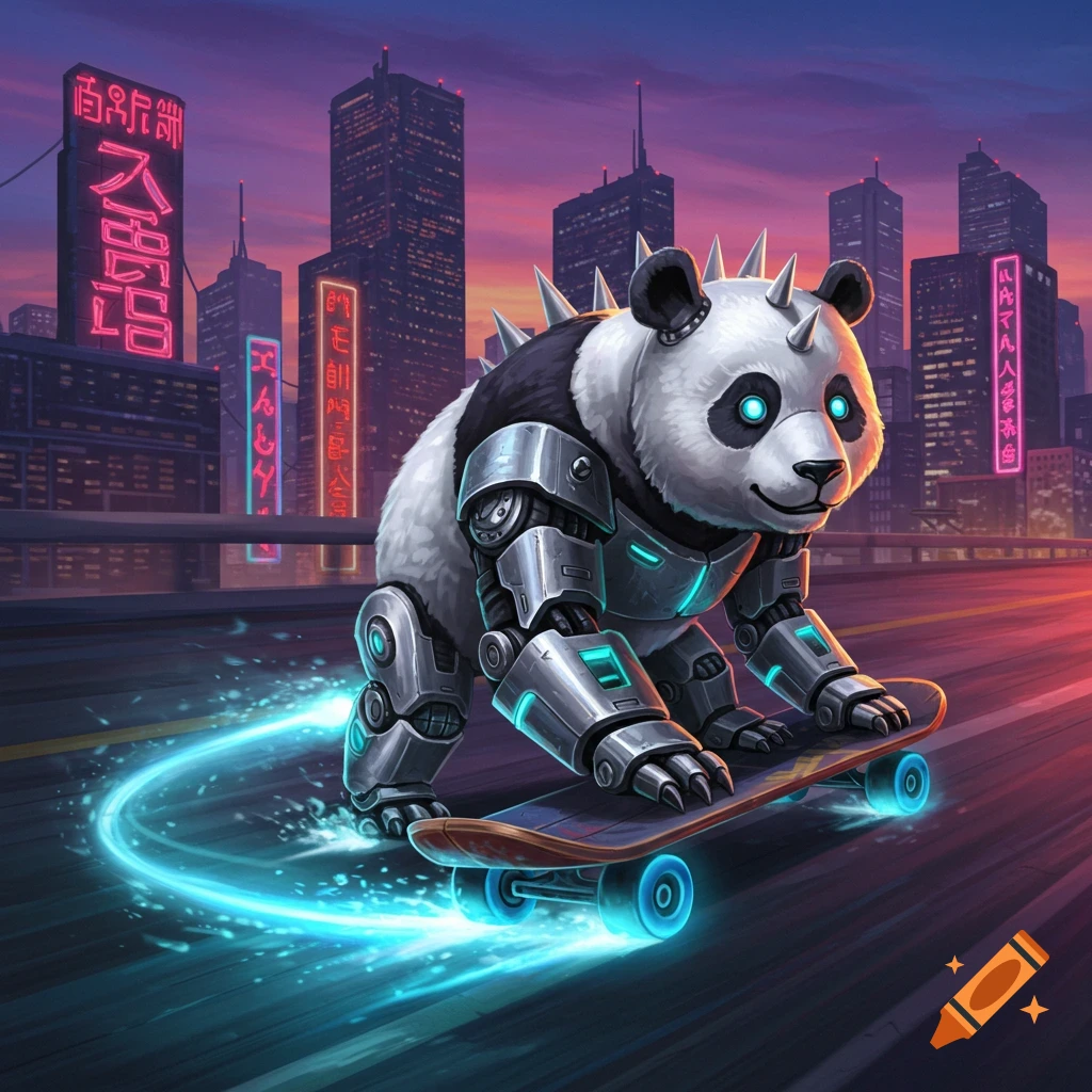 A spikey robot panda with glowing blue eyes rides a futuristic skateboard, leaving a trail of light in a neon-lit cyberpunk city at sunset.