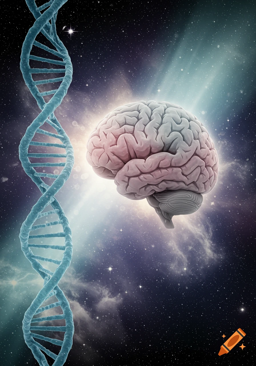 A blue DNA strand beside a glowing human brain in a starry cosmic background.
