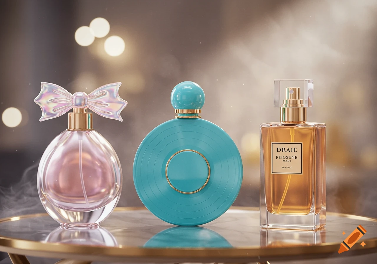 Three distinct perfume bottles, one pink with a holographic bow, one teal record-shaped, and one amber rectangular, on a mirrored tray.