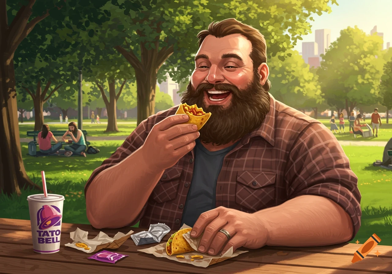 An illustration of a happy bearded man eating Taco Bell at a picnic table in a sunny park.