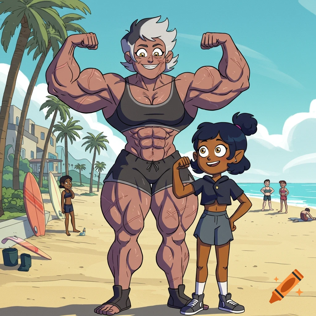 A muscular cartoon woman and a smaller girl flex their biceps on a sunny beach with palm trees in the background.