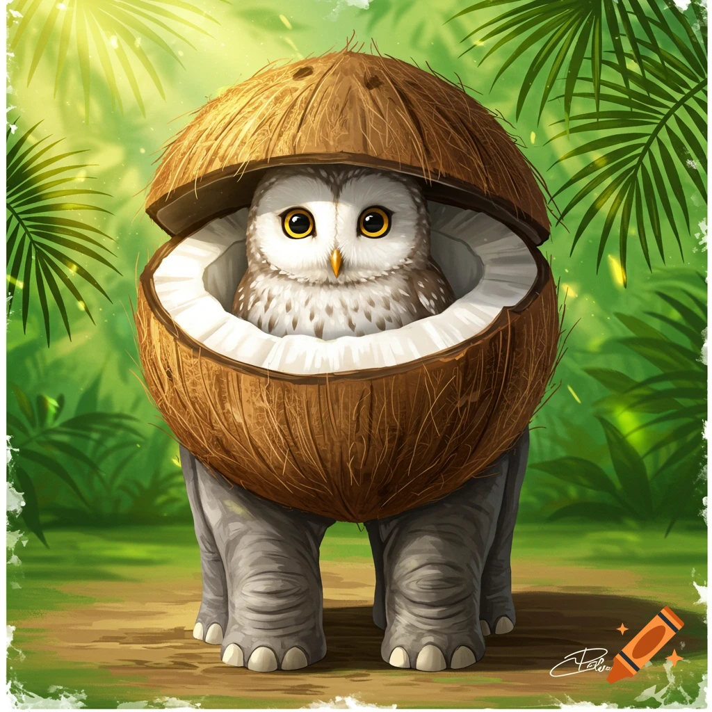 A whimsical illustration of a fluffy owl peeking out of a cracked coconut shell, which stands on four elephant feet, in a lush green jungle.
