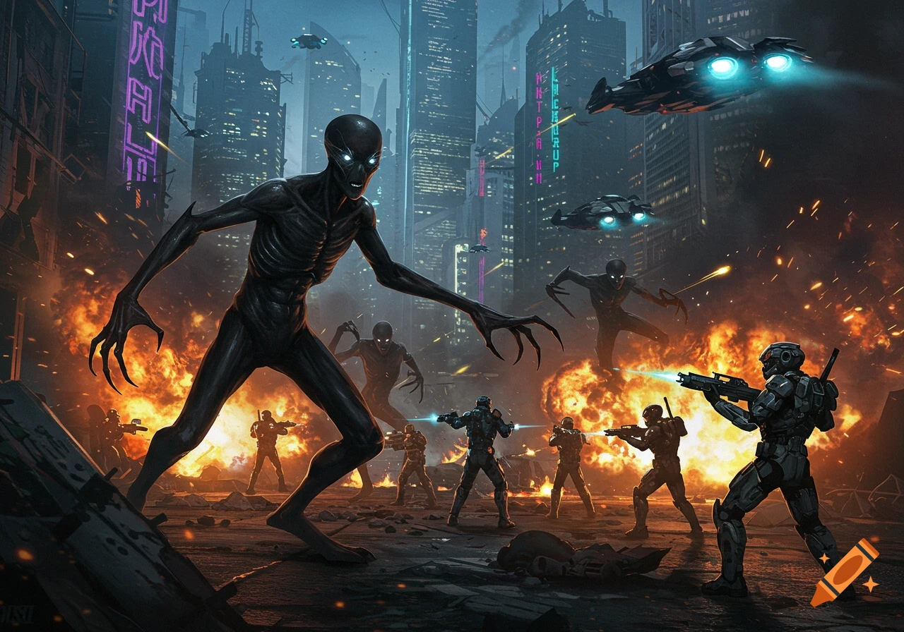 A futuristic city under attack, human soldiers in combat gear battle black, skeletal aliens with glowing eyes amidst explosions and flying vehicles. Cyberpunk aesthetic.