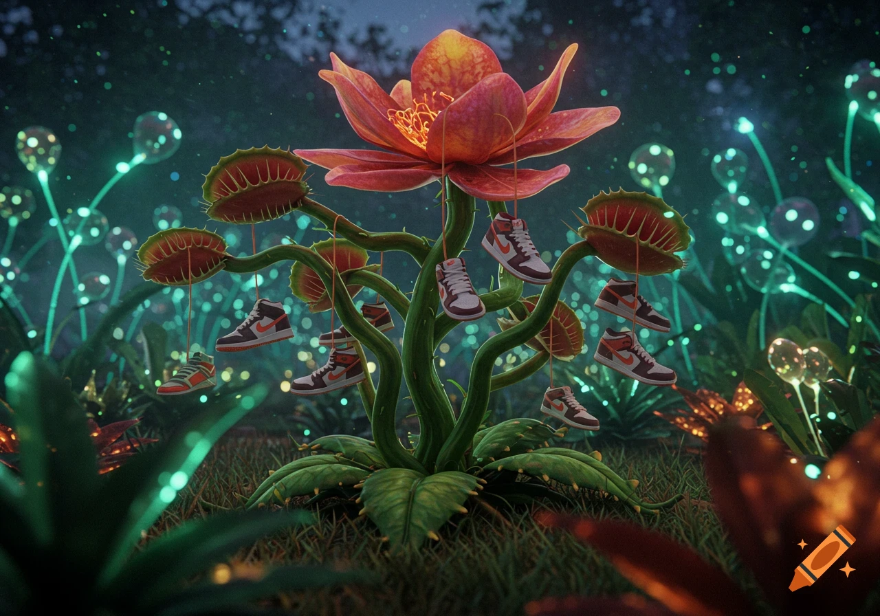 A fantastical Venus flytrap plant with a large red flower and many mouths, each holding a Nike sneaker, in a glowing forest.