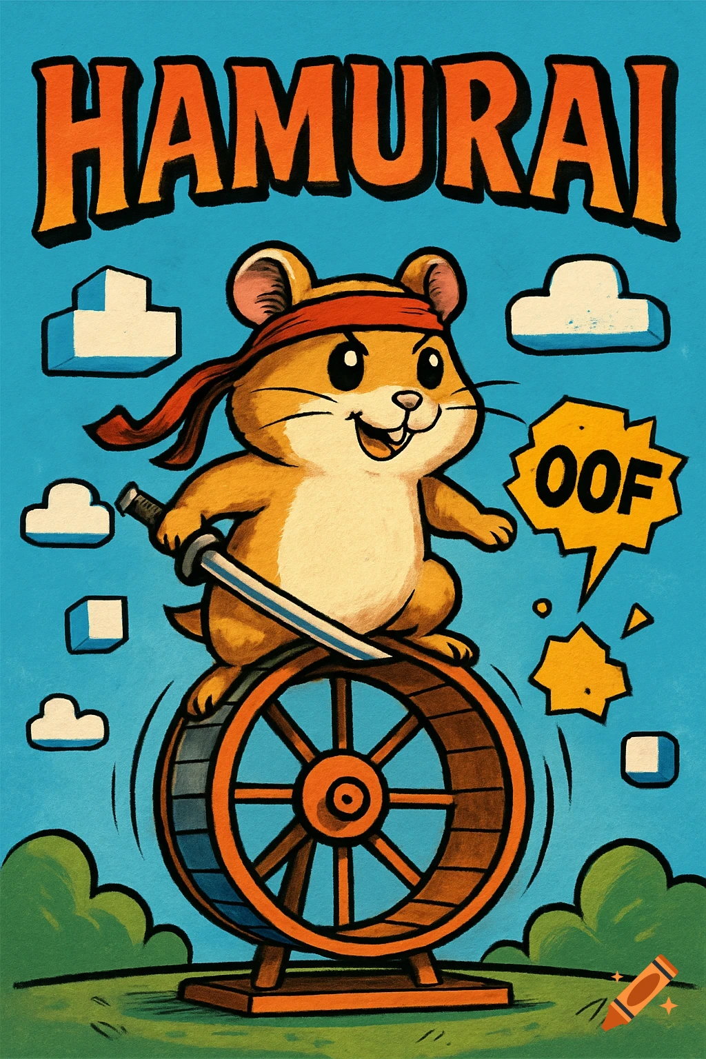 A cartoon hamster wearing a red headband and holding a katana rides a hamster wheel under the text 'HAMURAI' and an 'OOF' speech bubble.