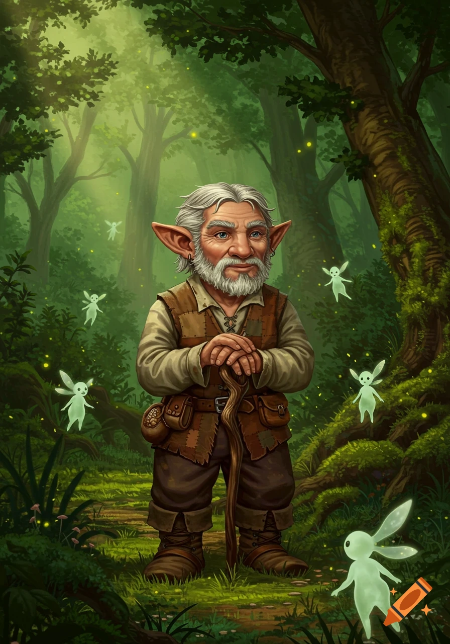 Detailed fantasy illustration of an old, bearded man with large ears and a staff in an enchanted forest with glowing fairies.