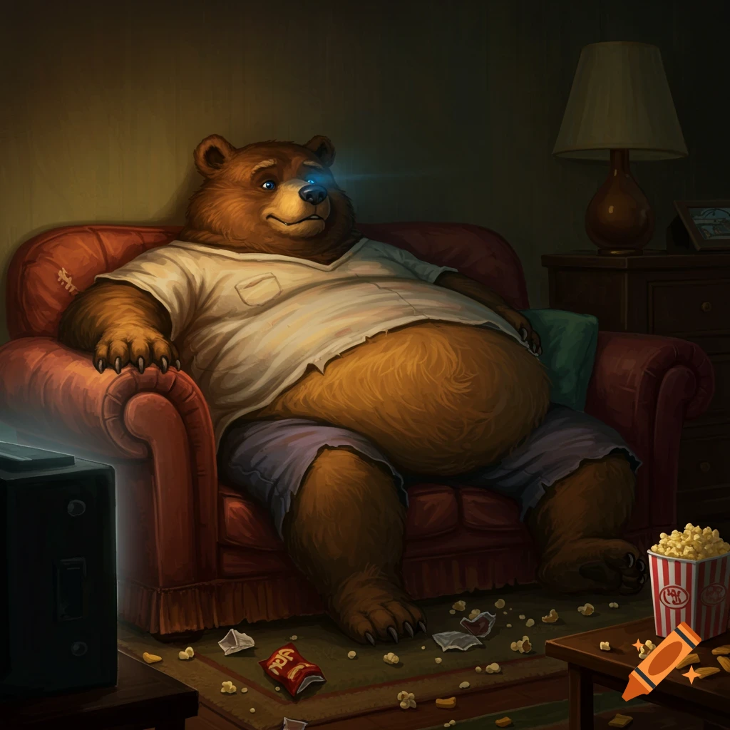 A large, brown, anthropomorphic bear in a torn white shirt and shorts lounges on a red couch, watching TV with spilled popcorn and snacks on the floor. Cartoon style.