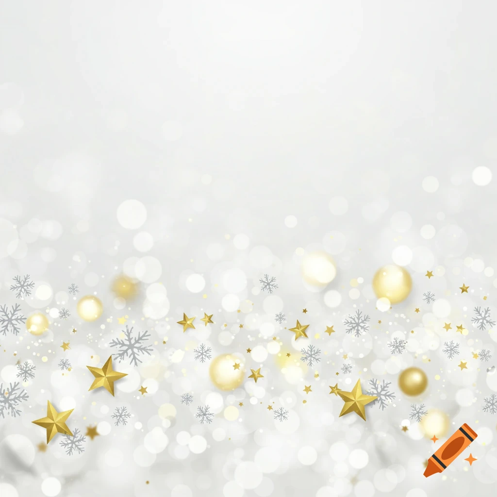 A festive white and silver bokeh background with golden stars, spheres, and silver snowflakes.