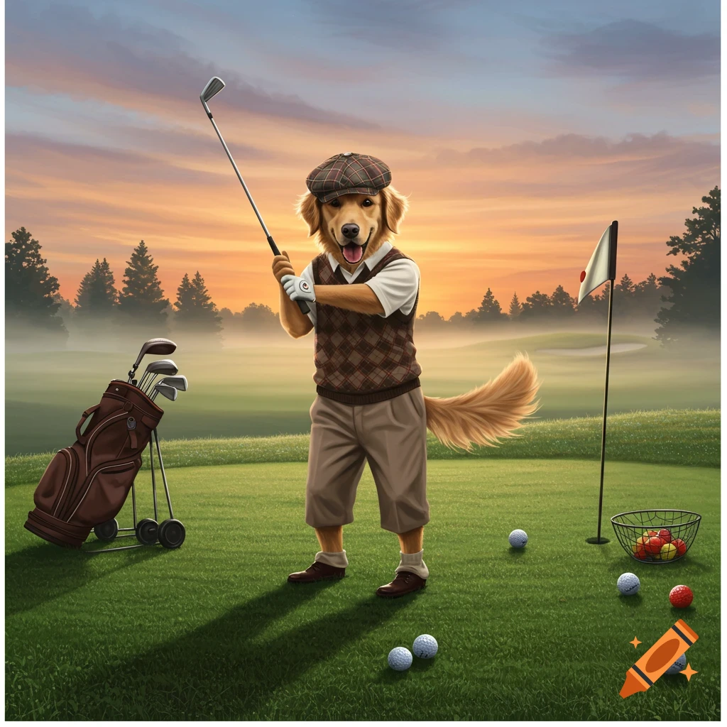 A golden retriever in golf attire swings a club on a golf course at sunset, digital painting.