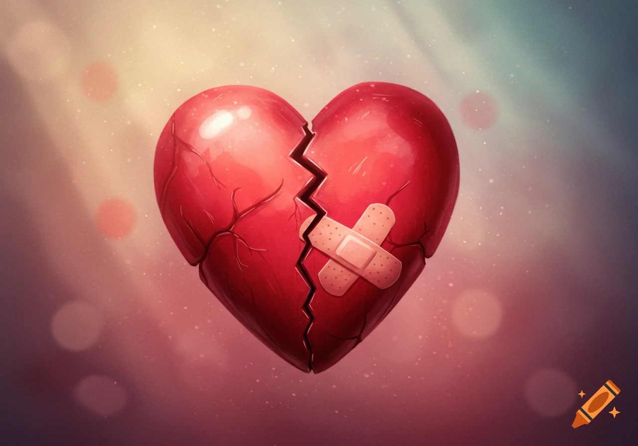 A stylized broken red heart with two band-aids over the crack, on a soft gradient background.