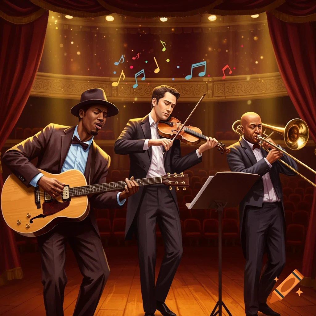 Three diverse musicians playing guitar, violin, and trombone on a grand theater stage, with colorful musical notes floating above.