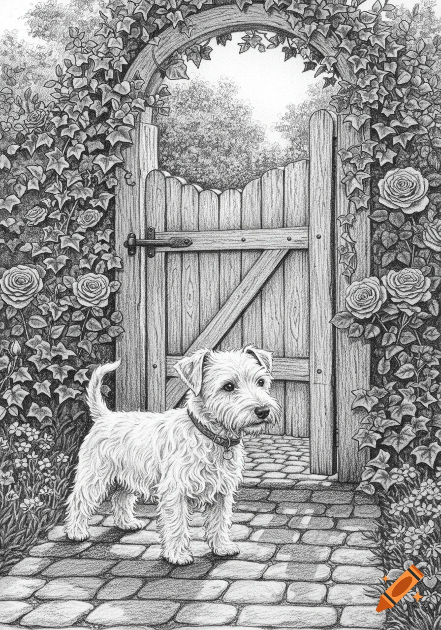 A detailed pencil line drawing of a white wire-haired dog standing on cobblestones in front of an open garden gate, surrounded by ivy and roses.