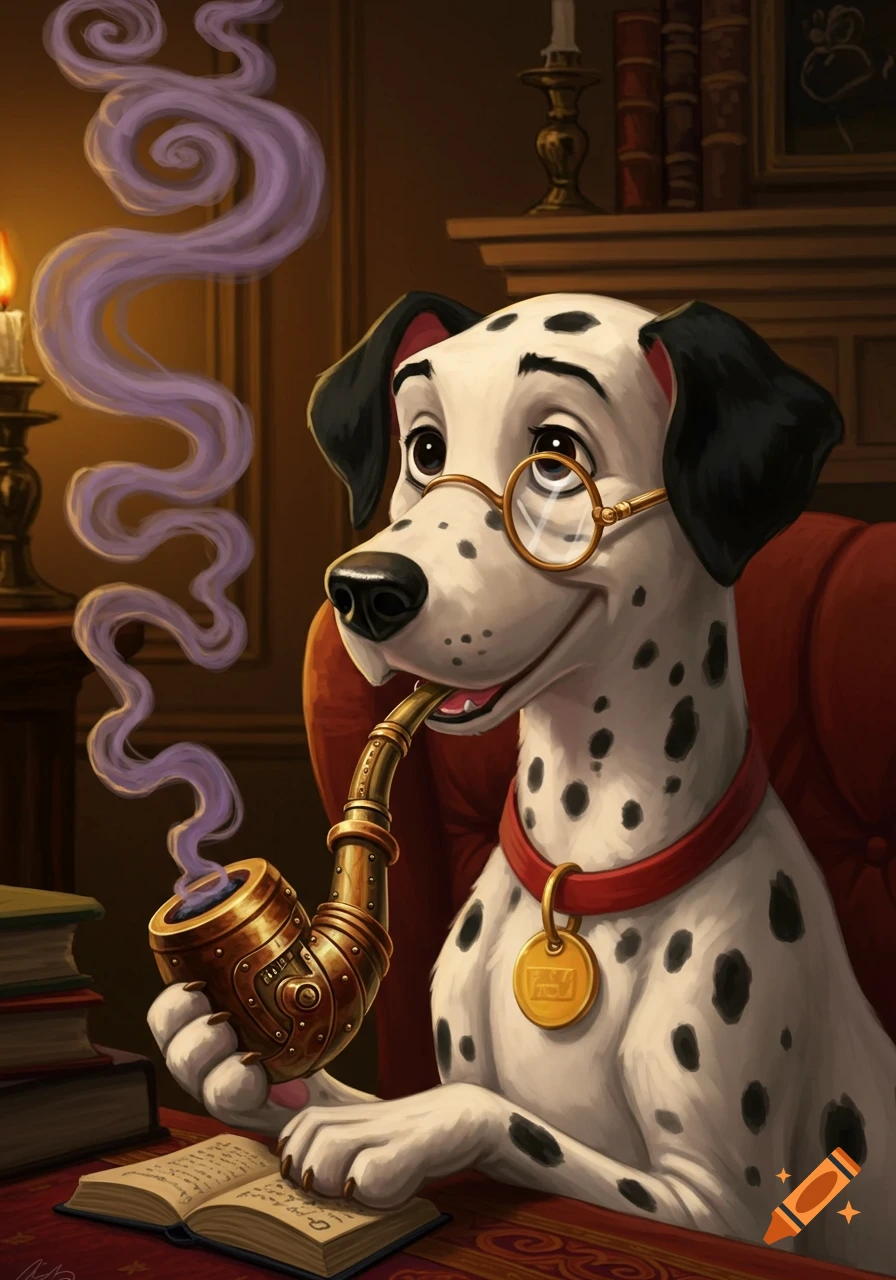 A cartoon Dalmatian dog in a Victorian-style study, wearing a monocle and smoking a steampunk pipe while reading a book.