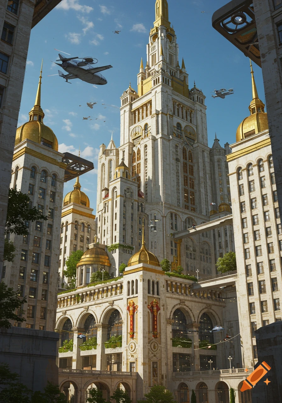 A grand retro-futuristic city with towering white and gold buildings, golden domes, and flying vehicles in a clear blue sky.