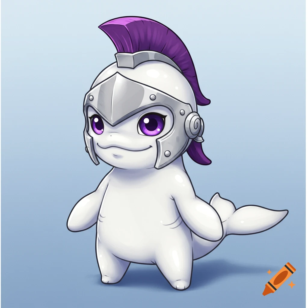 A cute white chibi beluga-like creature with purple eyes wears a silver gladiator helmet with a purple crest, standing.