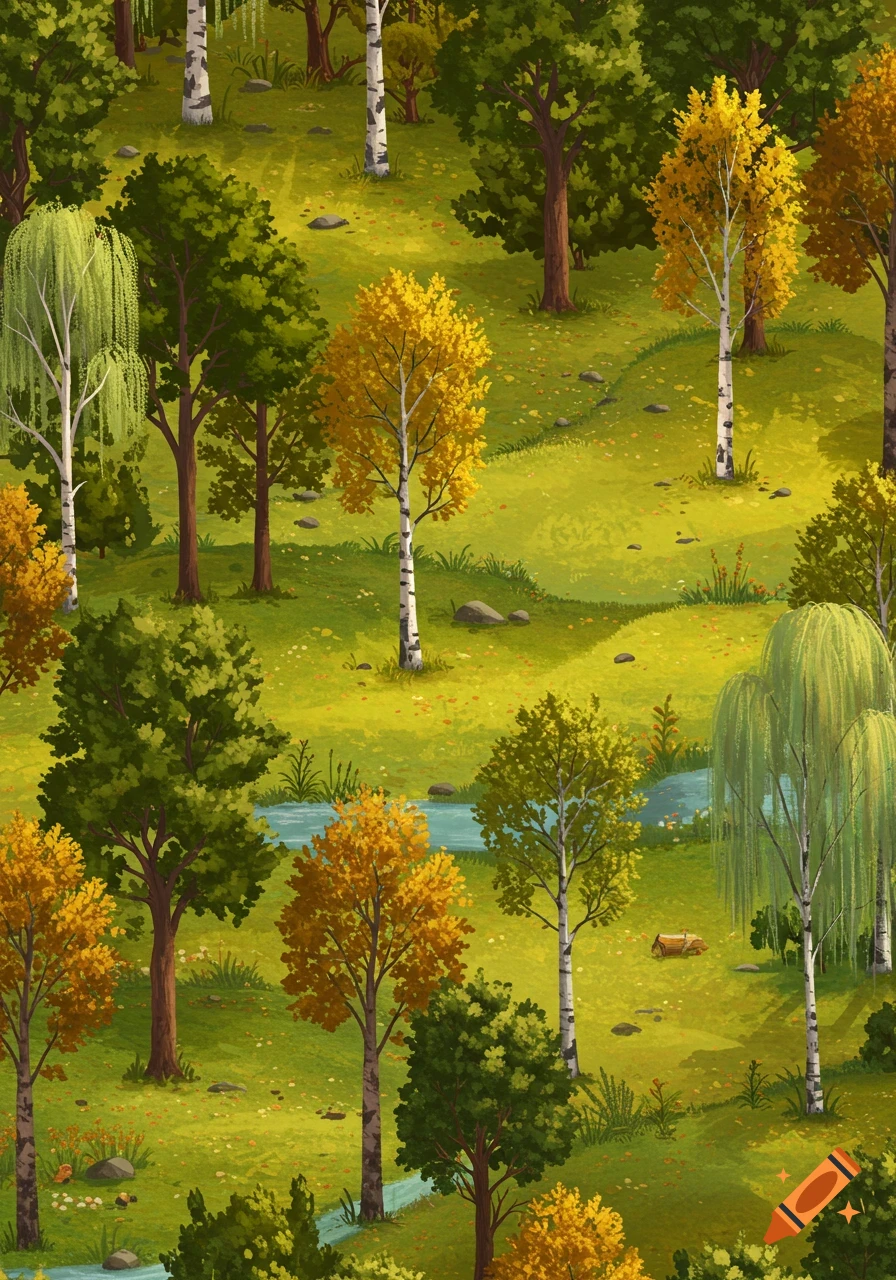 Vibrant, painterly illustration of a dense, whimsical forest with diverse trees, green hills, and winding rivers.