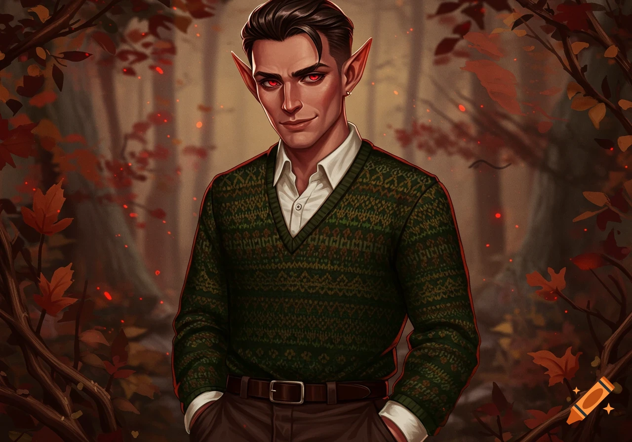 An illustrated portrait of a smirking man with pointed ears, dark hair, and red eyes, wearing a green patterned sweater in an autumn forest.