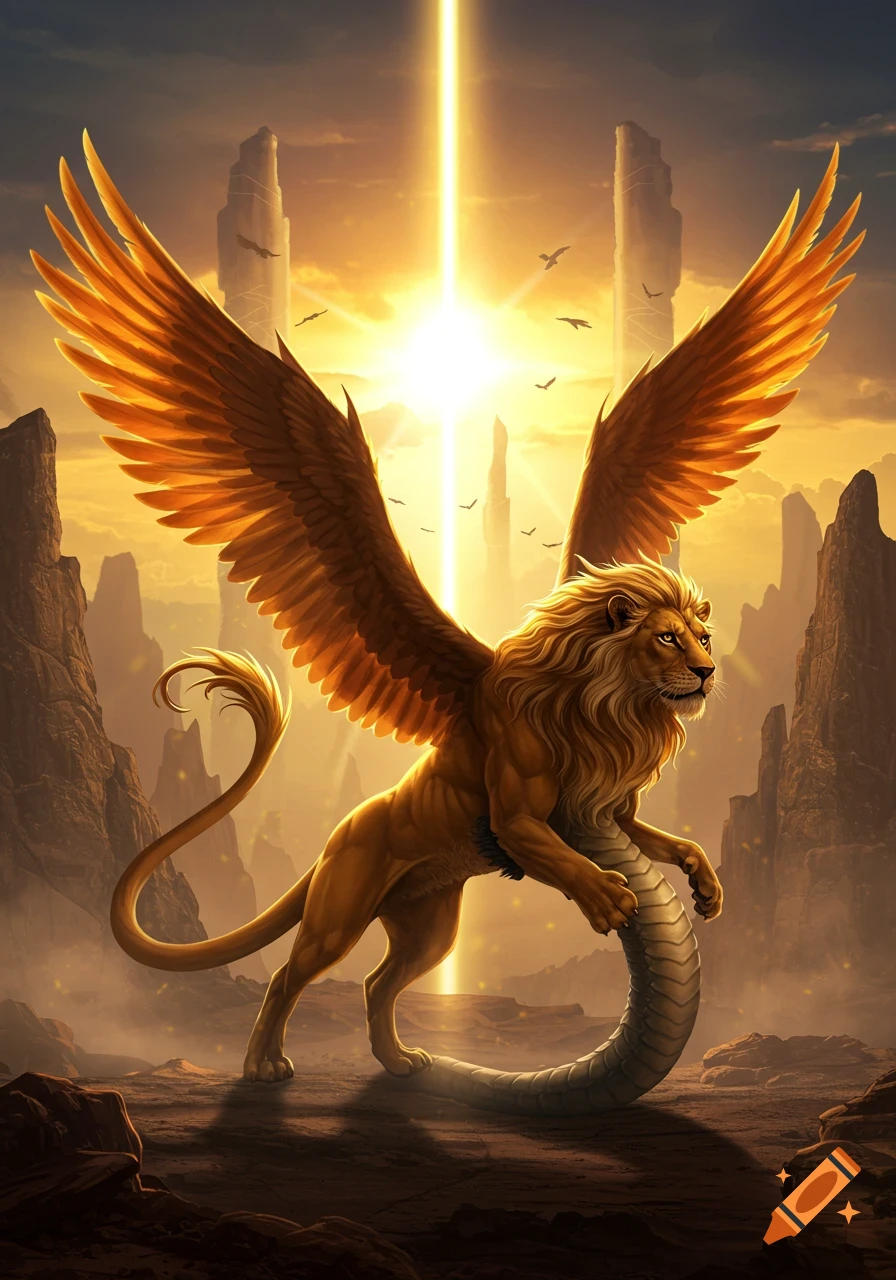 A majestic winged lion-like creature with a serpentine tail stands in a rocky desert under a radiant golden sky.