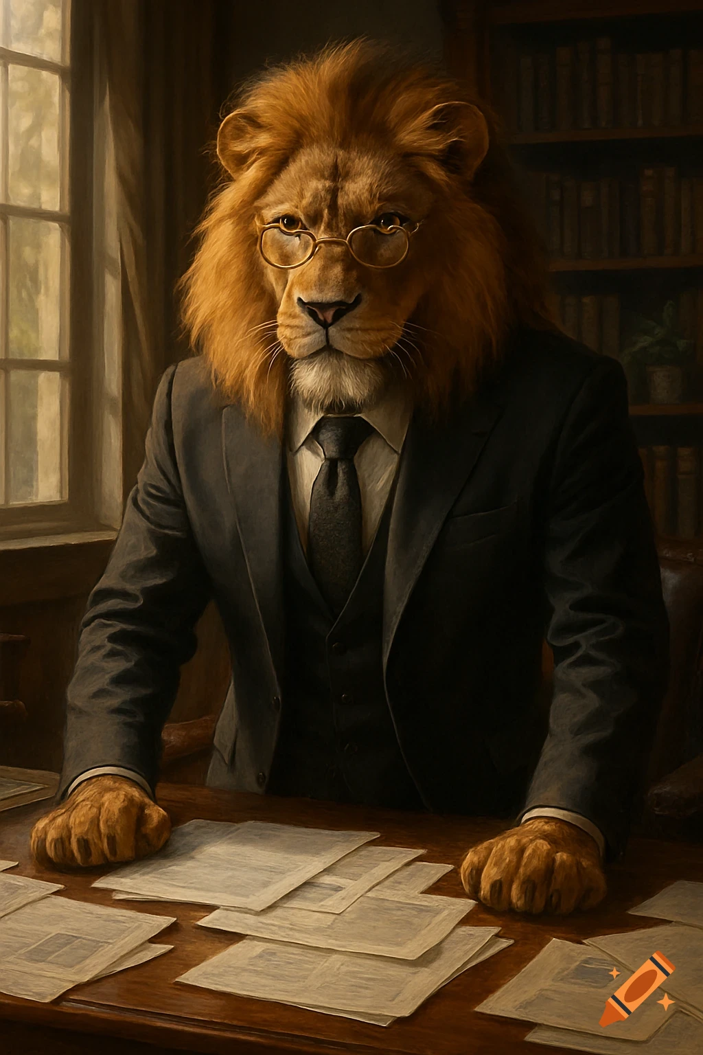 A dignified lion in a business suit and glasses leans over a desk full of papers in a painterly office setting.