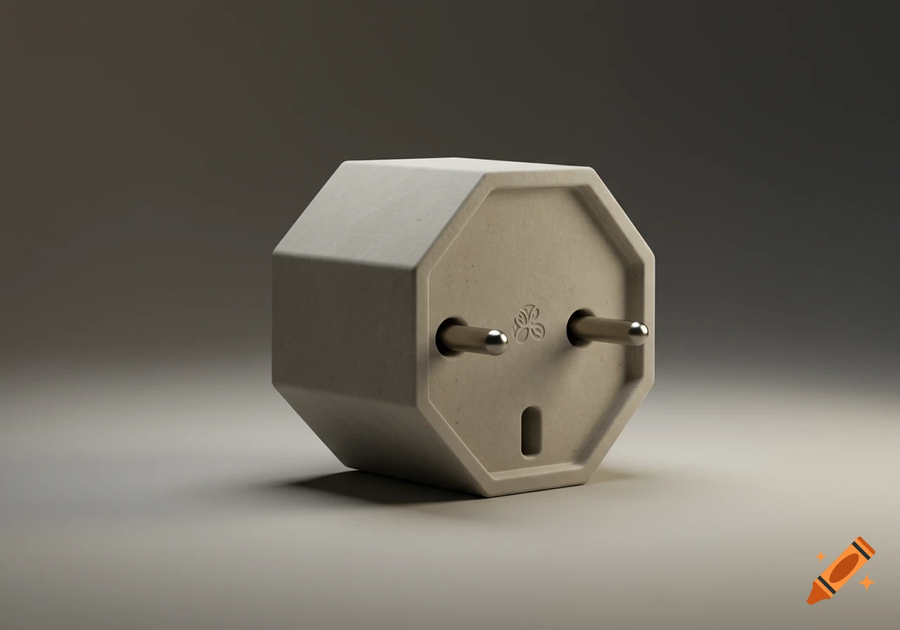 A hexagonal, matte beige electrical plug with two metal prongs and a ground hole, rendered in a photorealistic style on a gradient background.