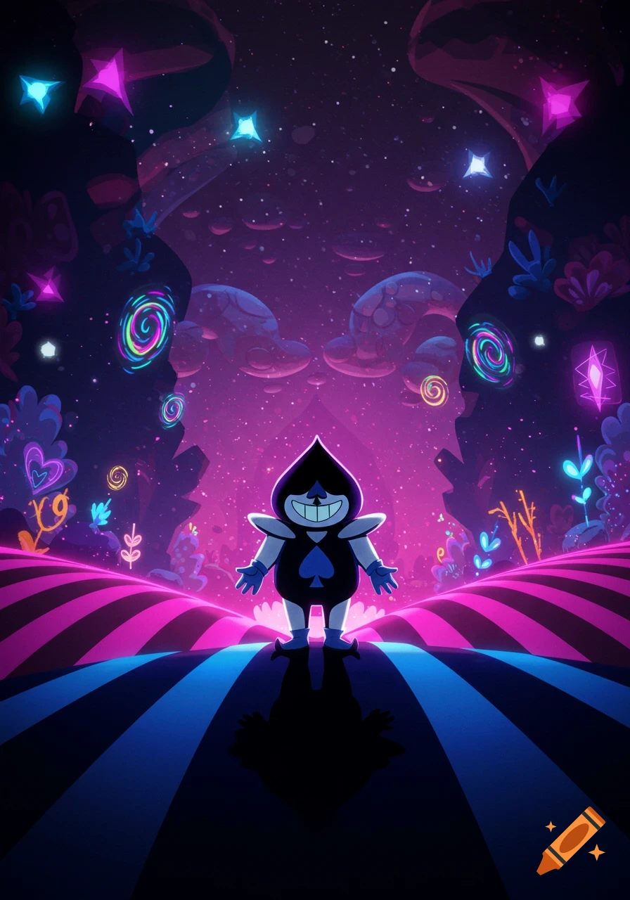 Lancer from Deltarune in a surreal, vibrant purple and blue fantasy landscape with glowing elements and a starry sky, digital art.