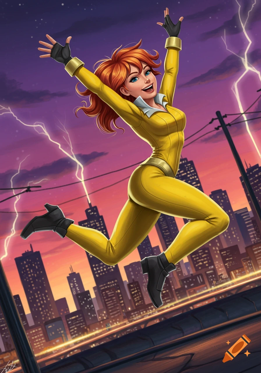 April O'Neil in a yellow jumpsuit jumps excitedly over a city skyline with lightning in a vibrant comic art style.