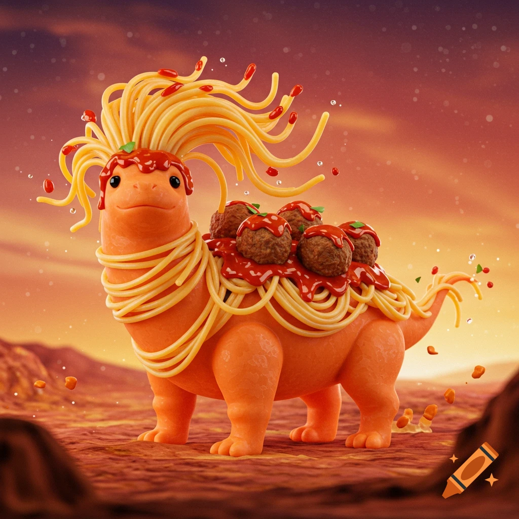 An orange, dinosaur-like creature with spaghetti hair and body wraps, topped with meatballs and sauce, stands in a stylized desert.