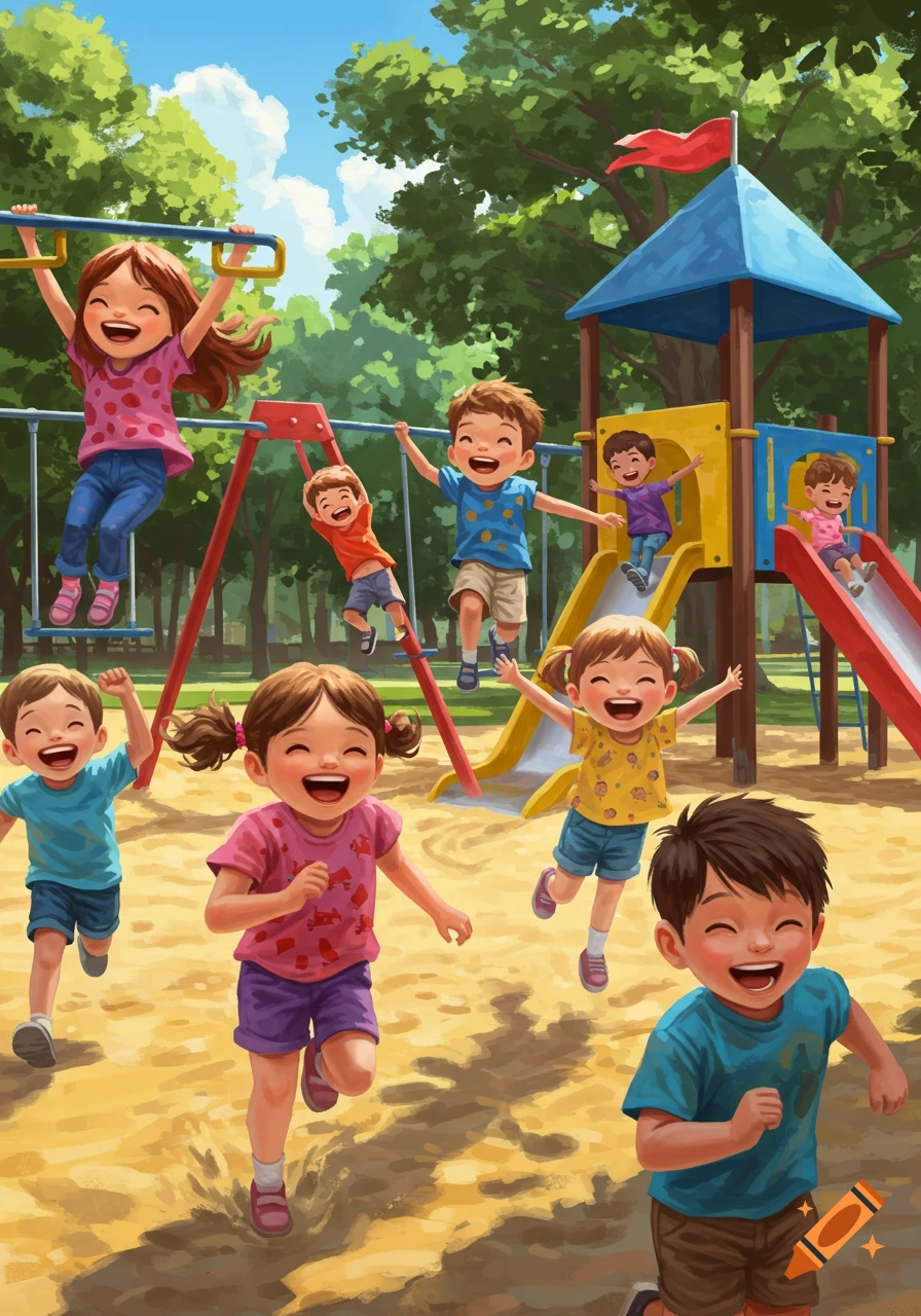 Vibrant illustration of many happy children running and playing on a colorful outdoor playground with swings, slides, and trees.
