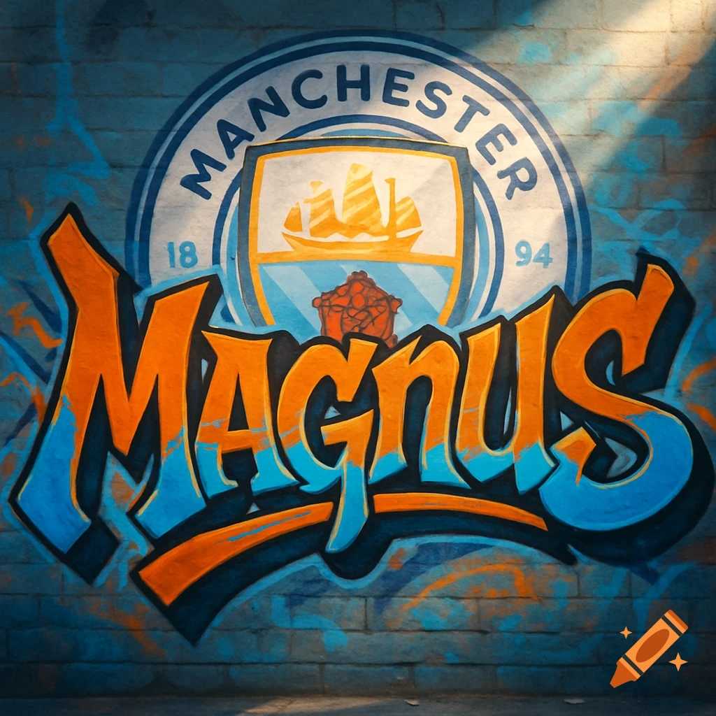 Graffiti art of Manchester City logo and 'Magnus' name on a brick wall.